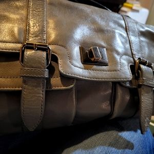 Audrey Brooke Gray Soft Leather Turnlock Flap Messenger Crossbody Bag